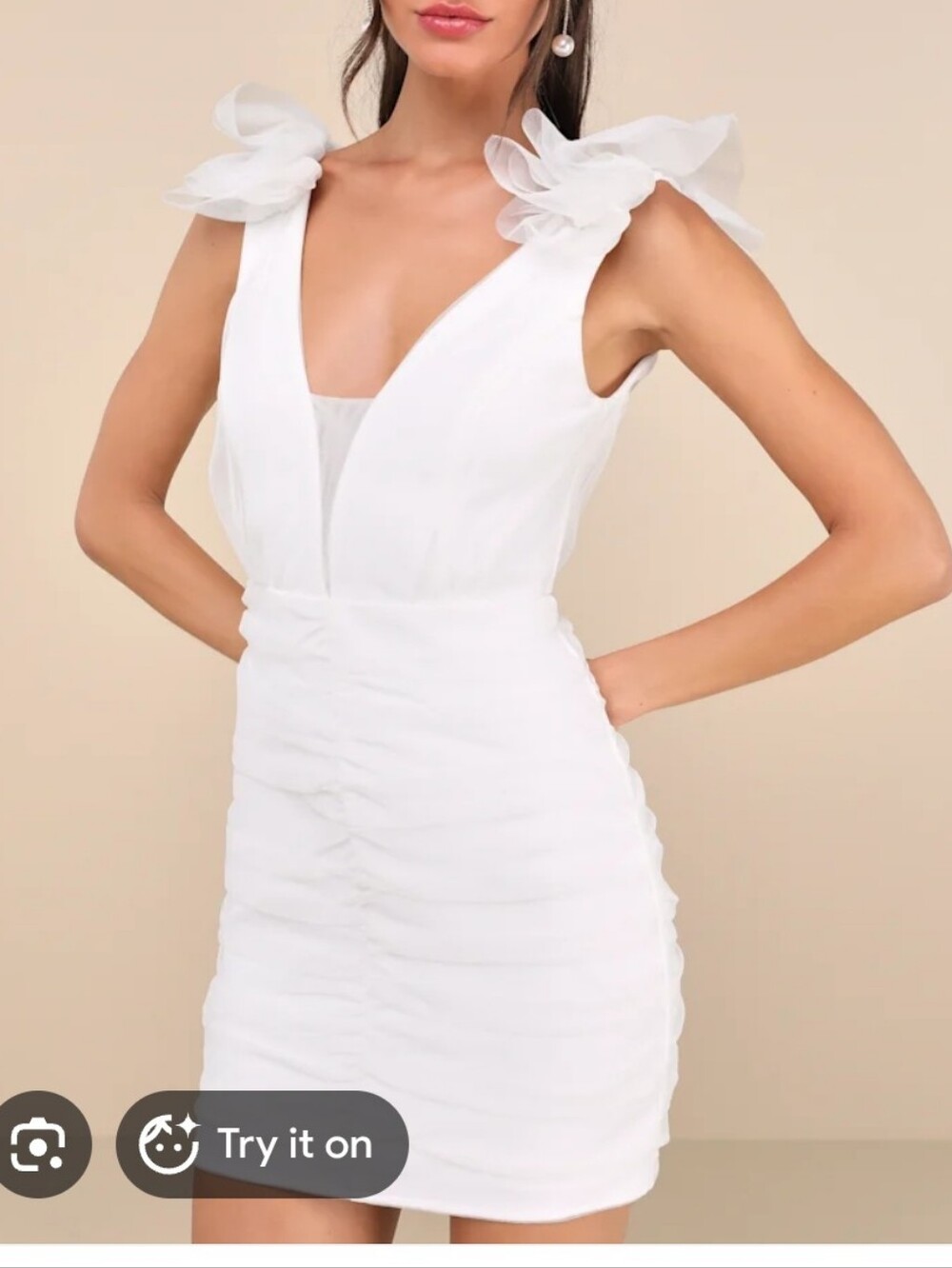 Lulu's White Tulle Ruched V‑Neck Mini Dress